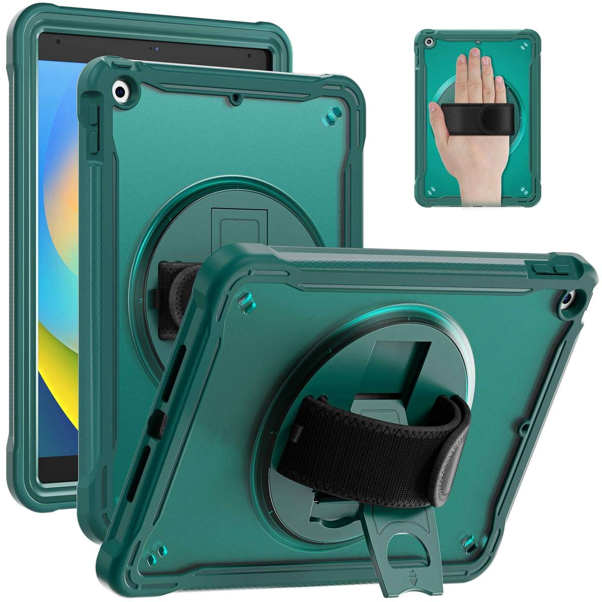 For iPad 10.2 2021 / 2020 / 2019 Heavy Duty Hybrid Tablet Case with Hand Grip & Strap(Dark Green)