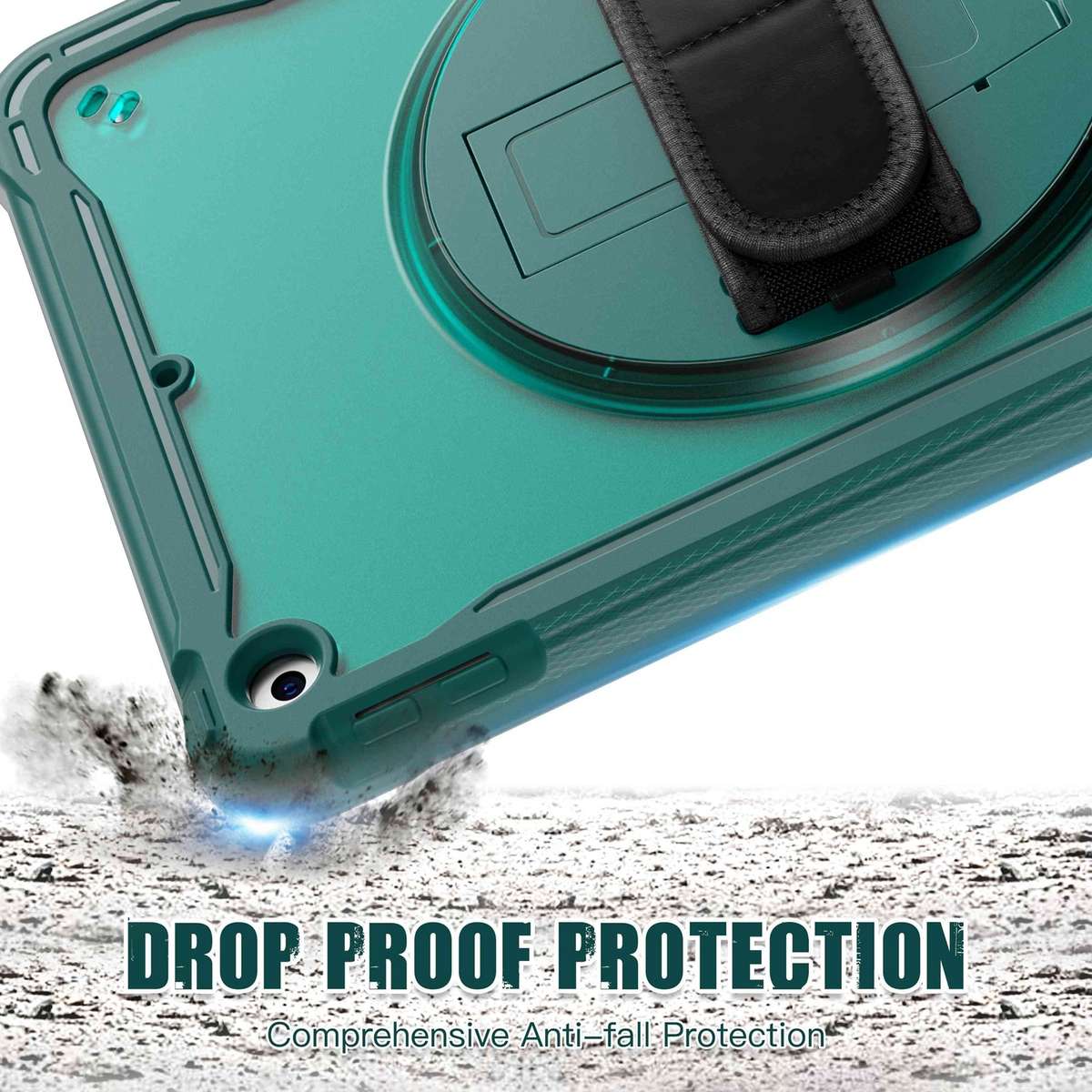 For iPad 10.2 2021 / 2020 / 2019 Heavy Duty Hybrid Tablet Case with Hand Grip & Strap(Dark Green)