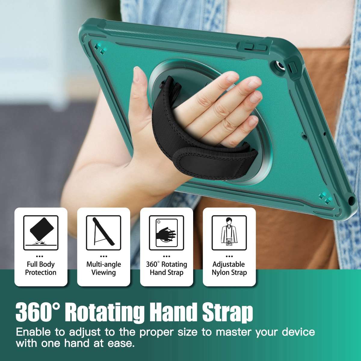 For iPad 10.2 2021 / 2020 / 2019 Heavy Duty Hybrid Tablet Case with Hand Grip & Strap(Dark Green)