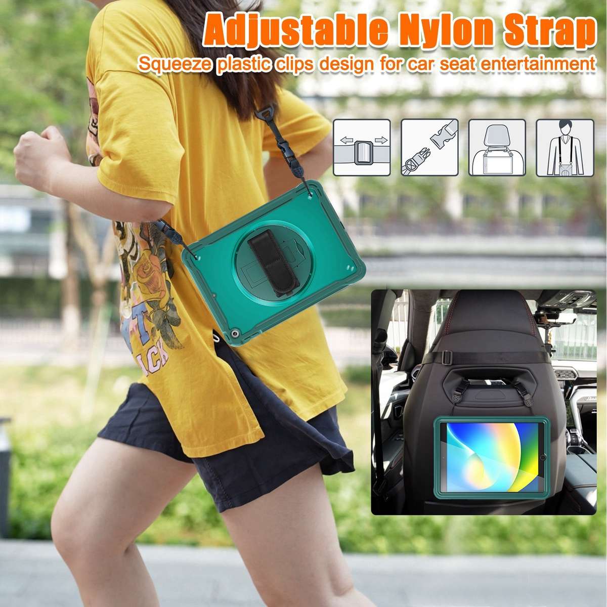For iPad 10.2 2021 / 2020 / 2019 Heavy Duty Hybrid Tablet Case with Hand Grip & Strap(Dark Green)