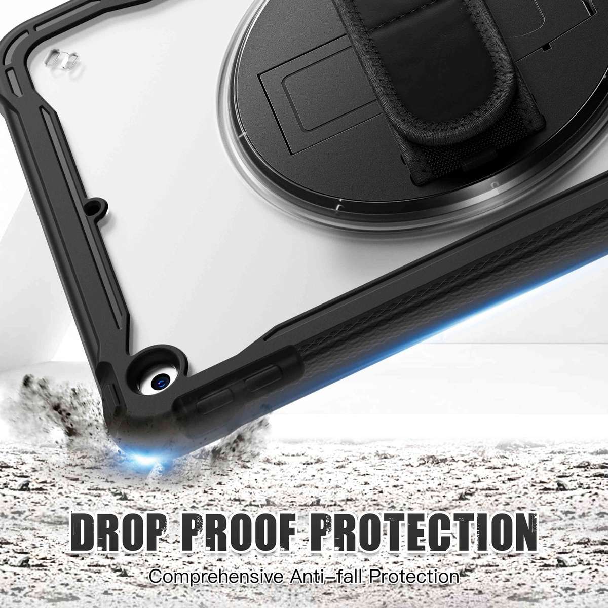 For iPad 10.2 2021 / 2020 / 2019 Heavy Duty Hybrid Tablet Case with Hand Grip & Strap(Black)