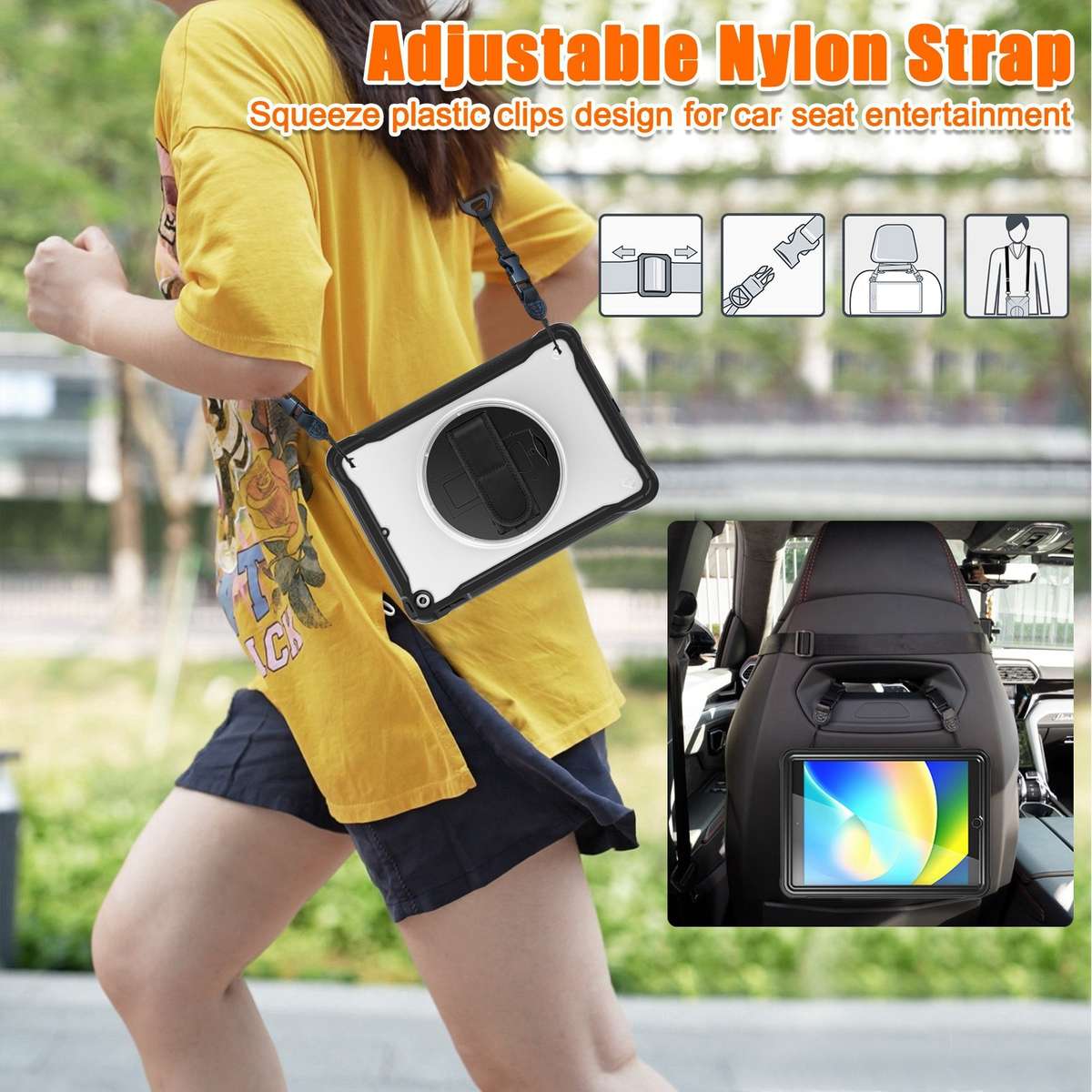 For iPad 10.2 2021 / 2020 / 2019 Heavy Duty Hybrid Tablet Case with Hand Grip & Strap(Black)