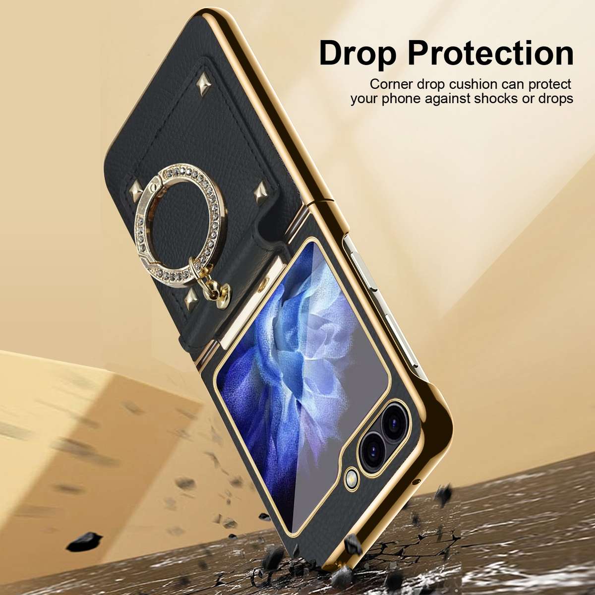 For Samsung Galaxy Z Flip7 FE / Flip6 Colorful PU Phone Case with Ring Holder(Black)