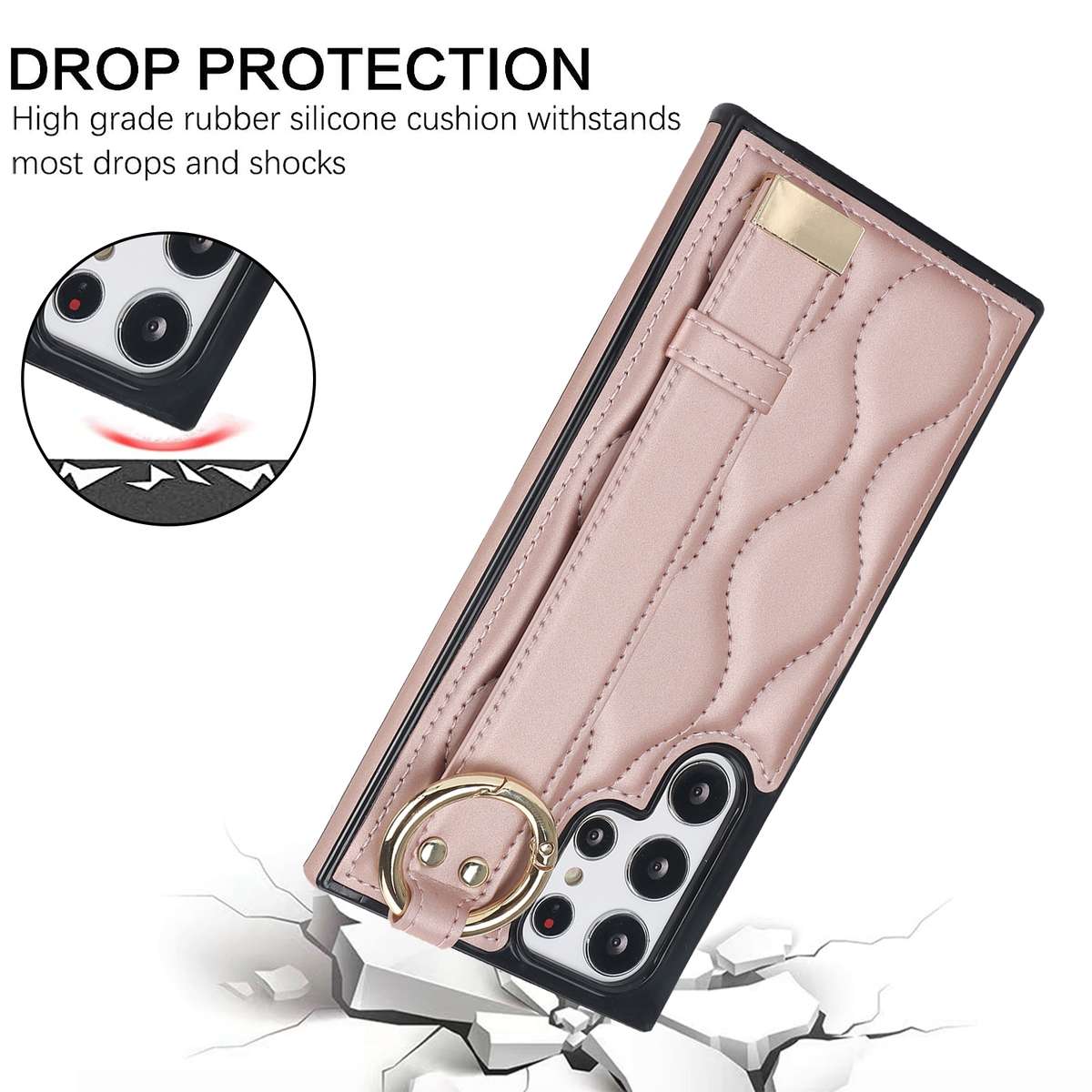 For Samsung Galaxy S22 Ultra Non-slip Full Coverage Ring PU Phone Case with Wristband(Brown)