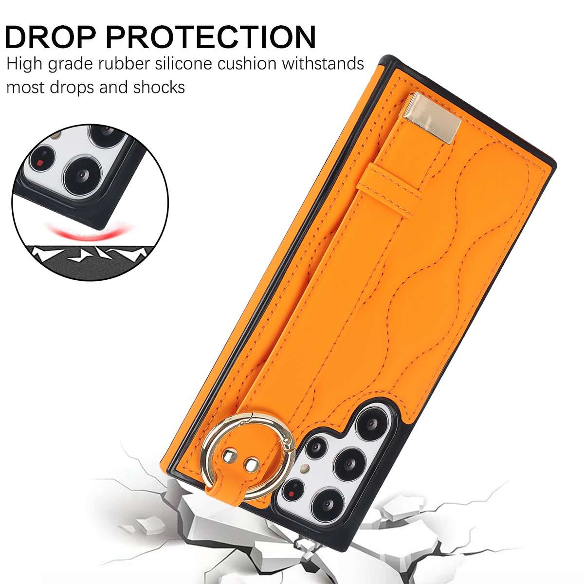 For Samsung Galaxy S22 Ultra Non-slip Full Coverage Ring PU Phone Case with Wristband(Brown)