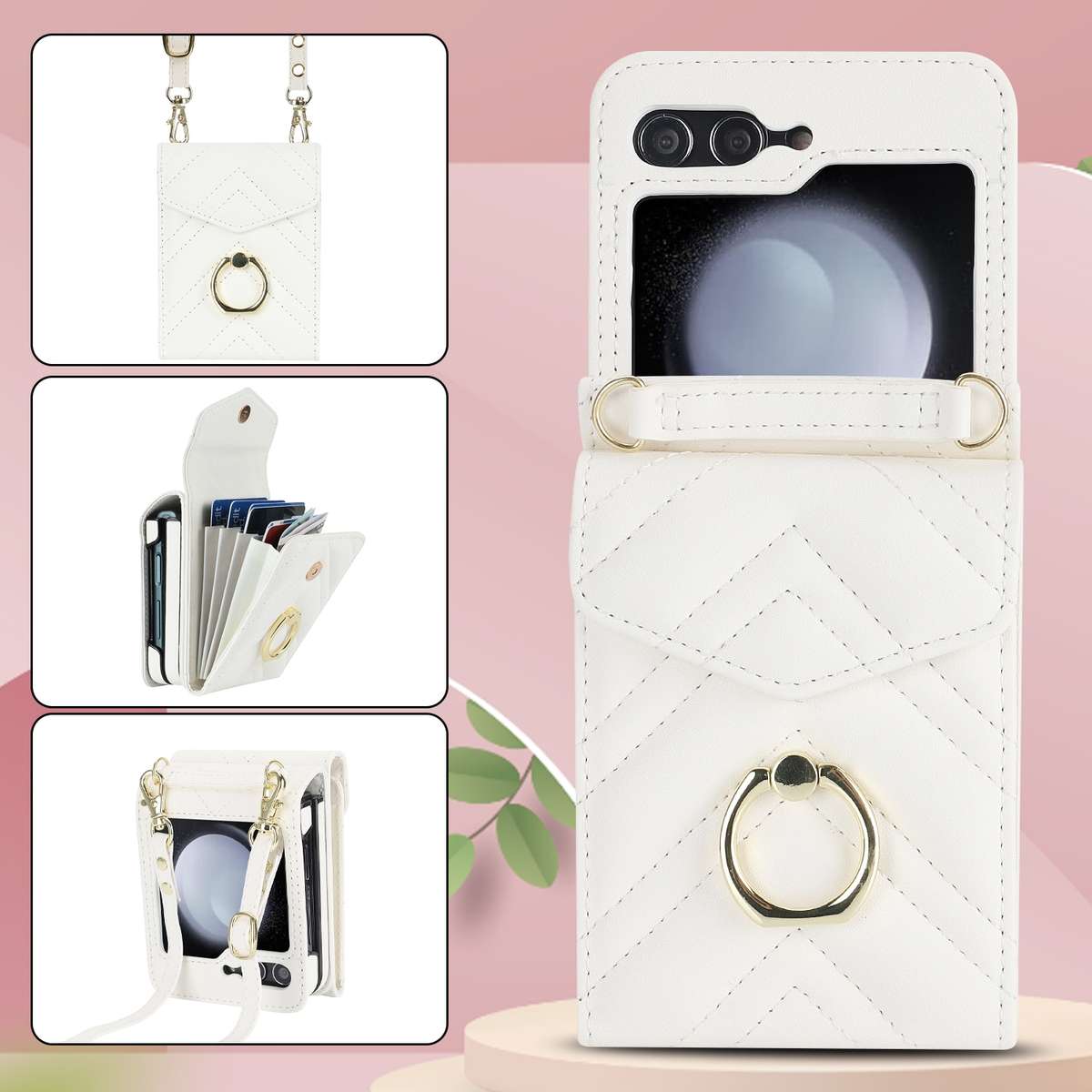 For Samsung Galaxy Z Flip5 V-shaped RFID Card Slot Phone Case with Ring Holder(White)