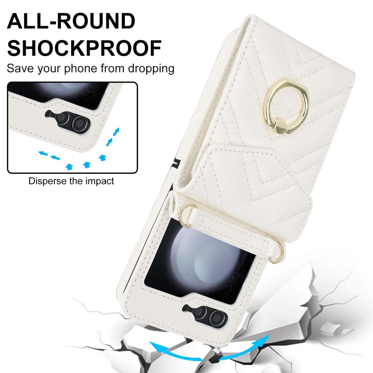 For Samsung Galaxy Z Flip5 V-shaped RFID Card Slot Phone Case with Ring Holder(White)