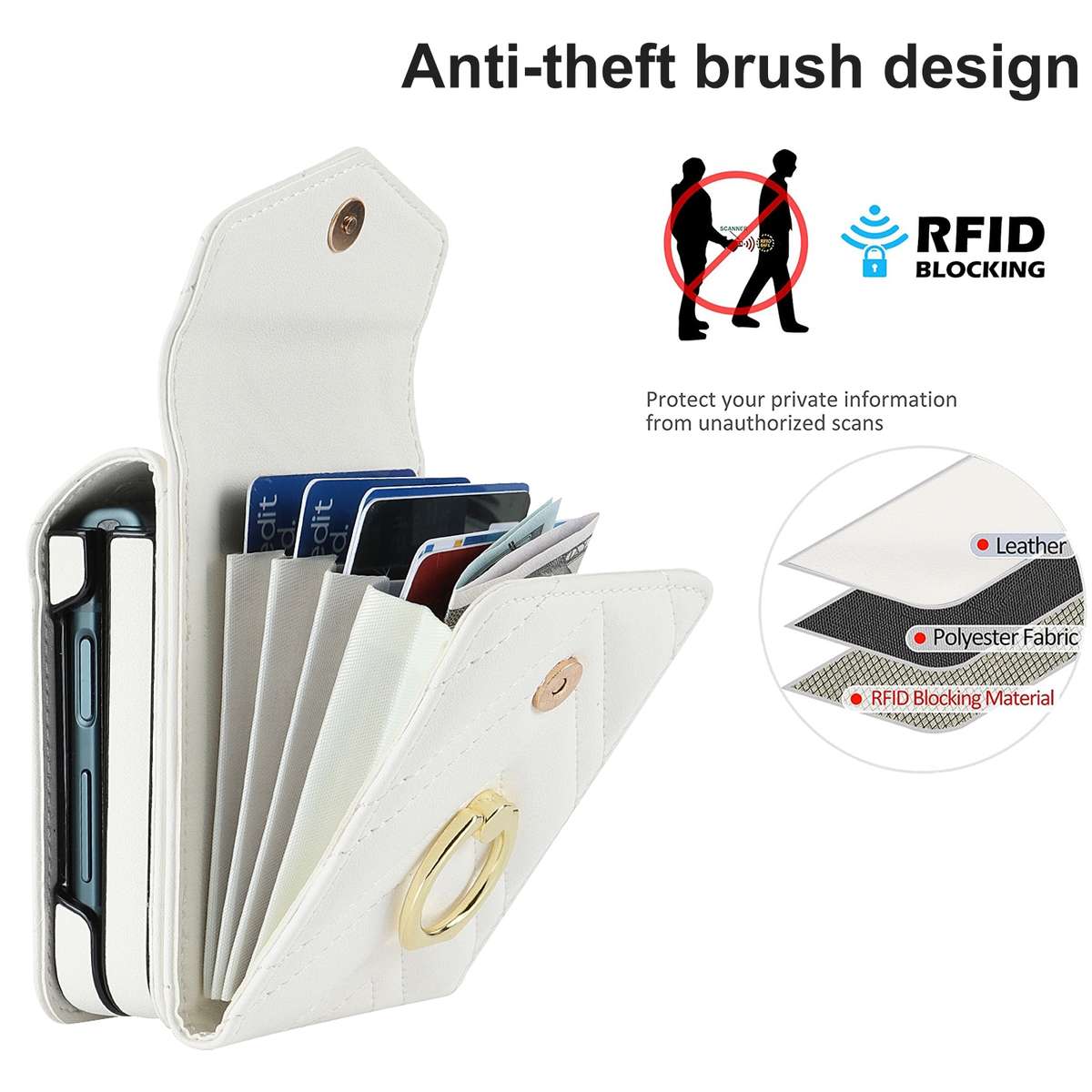 For Samsung Galaxy Z Flip5 V-shaped RFID Card Slot Phone Case with Ring Holder(White)