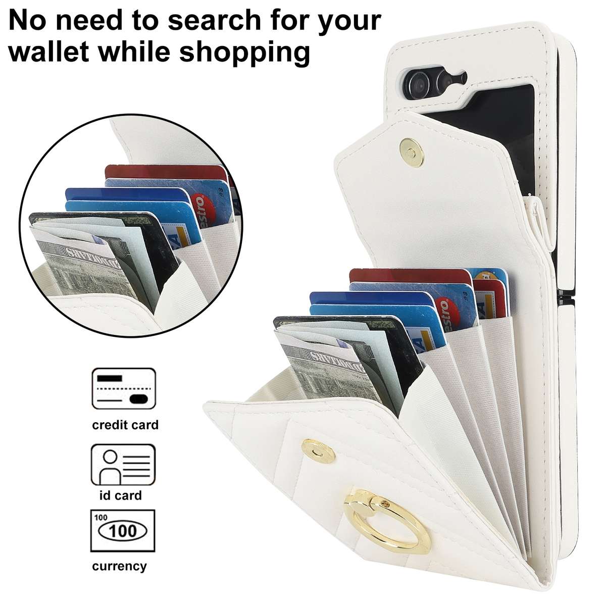 For Samsung Galaxy Z Flip5 V-shaped RFID Card Slot Phone Case with Ring Holder(White)