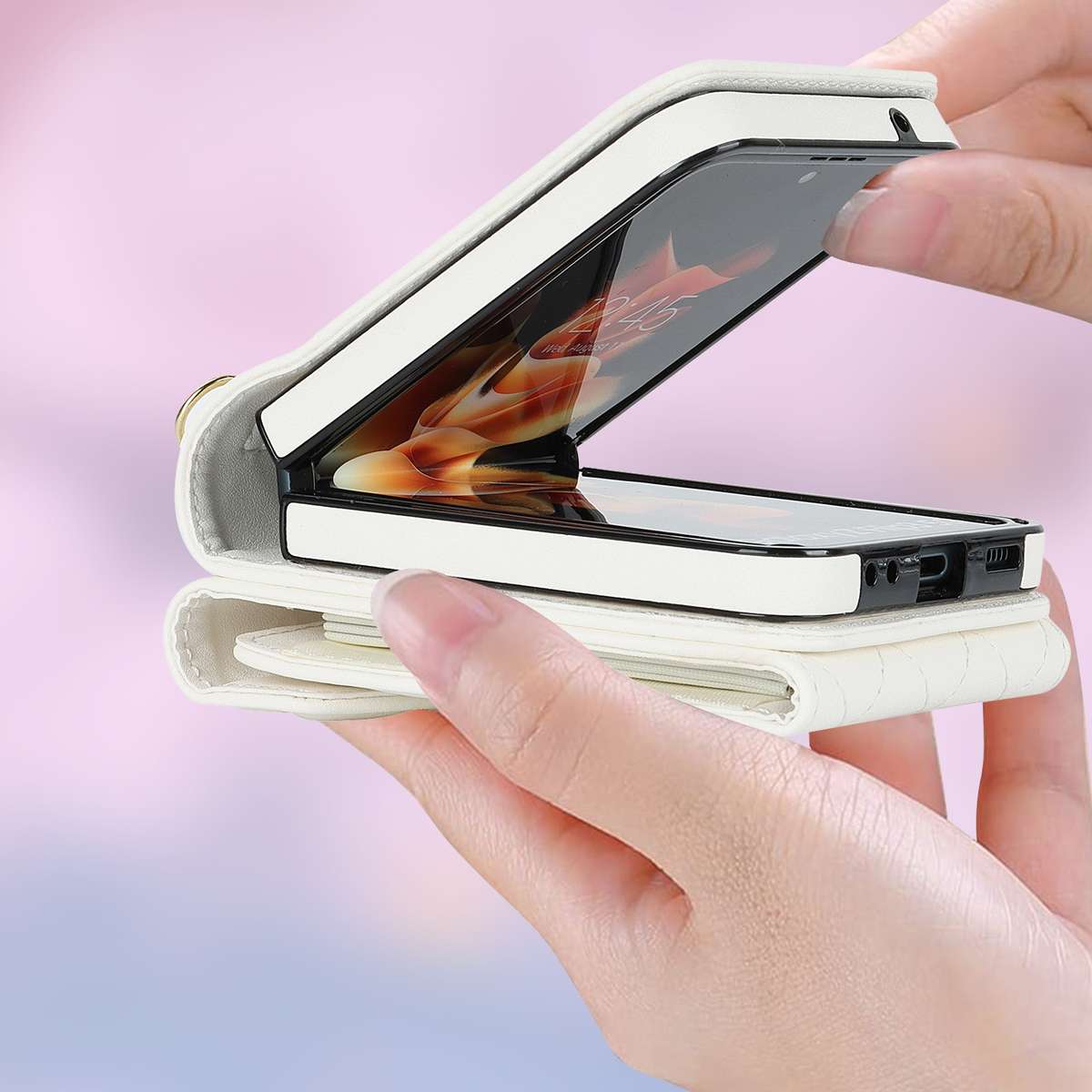 For Samsung Galaxy Z Flip5 V-shaped RFID Card Slot Phone Case with Ring Holder(White)