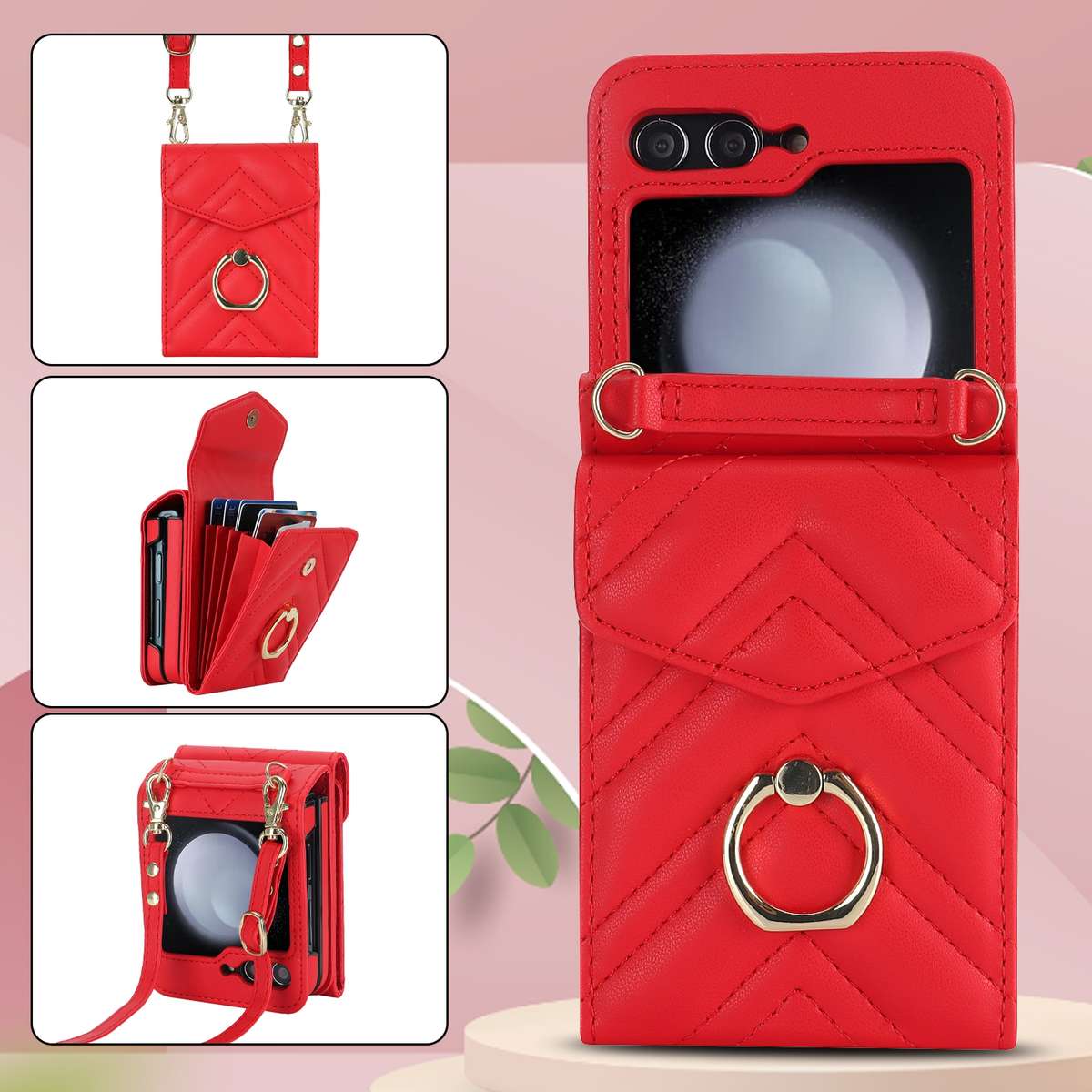 For Samsung Galaxy Z Flip5 V-shaped RFID Card Slot Phone Case with Ring Holder(Red)