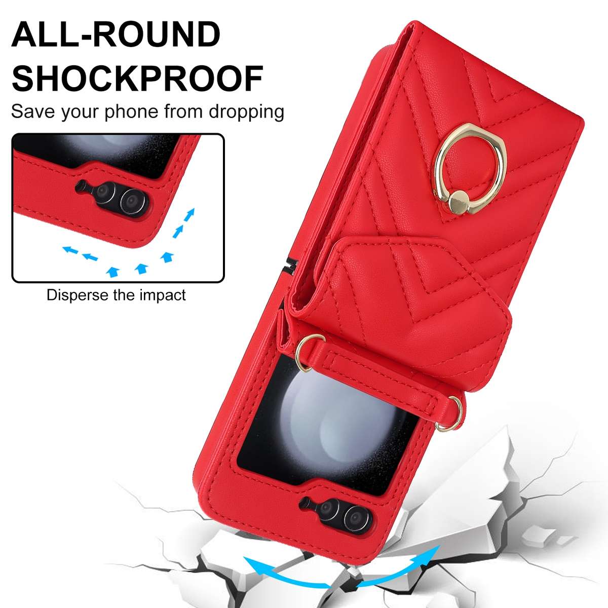 For Samsung Galaxy Z Flip5 V-shaped RFID Card Slot Phone Case with Ring Holder(Red)