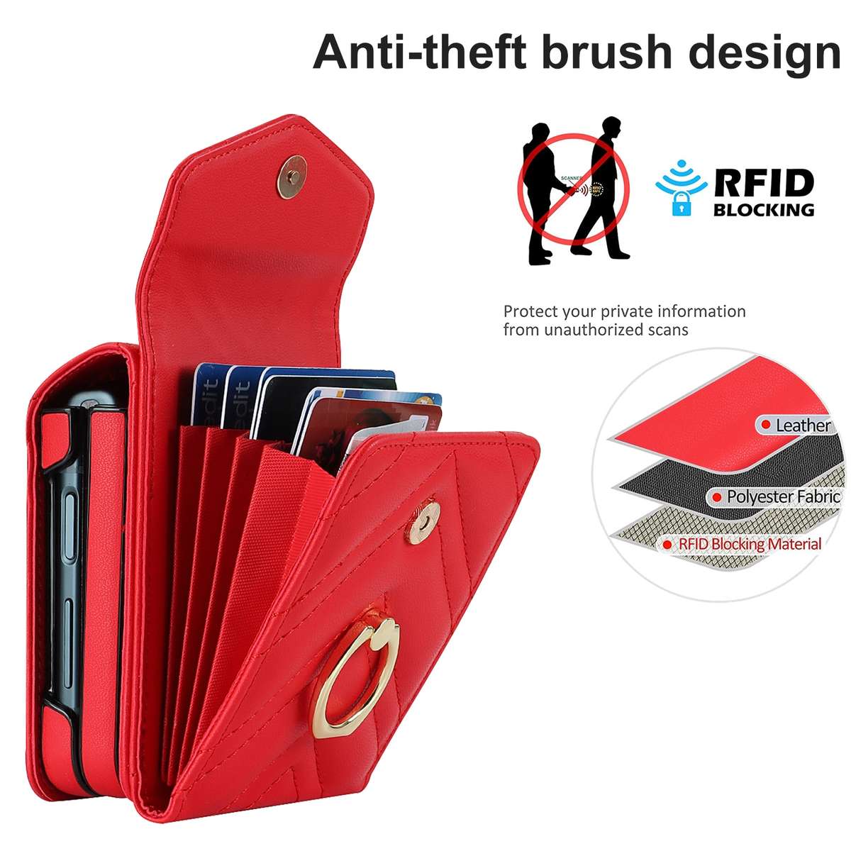 For Samsung Galaxy Z Flip5 V-shaped RFID Card Slot Phone Case with Ring Holder(Red)