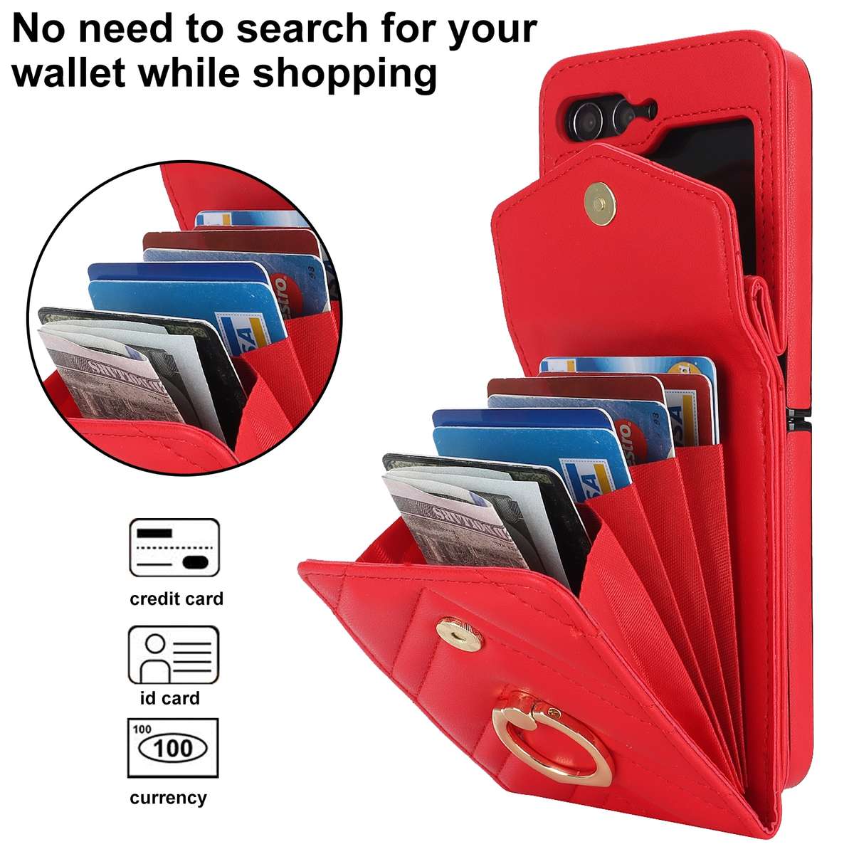 For Samsung Galaxy Z Flip5 V-shaped RFID Card Slot Phone Case with Ring Holder(Red)