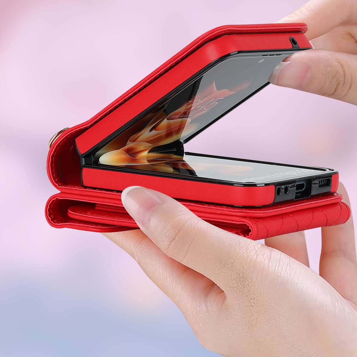 For Samsung Galaxy Z Flip5 V-shaped RFID Card Slot Phone Case with Ring Holder(Red)