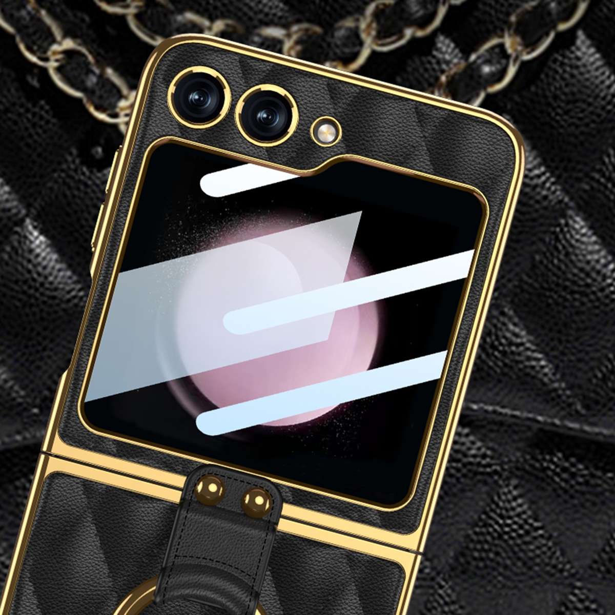 For Samsung Galaxy Z Flip5 GKK Integrated Plating Diamond Texture PU Phone Case with Ring(Pink)
