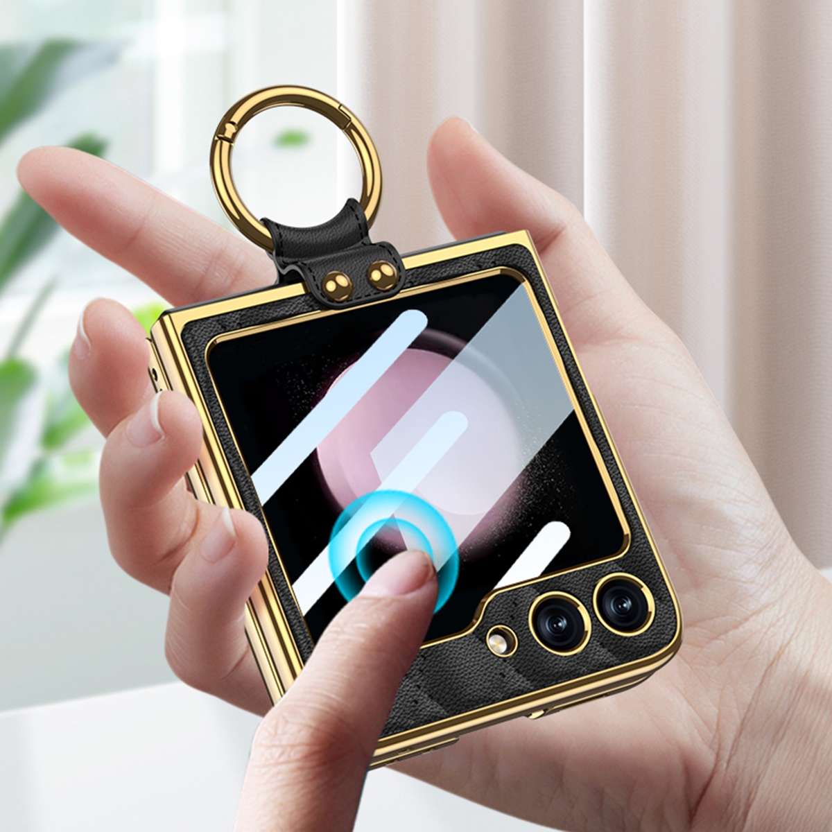 For Samsung Galaxy Z Flip5 GKK Integrated Plating Diamond Texture PU Phone Case with Ring(Pink)