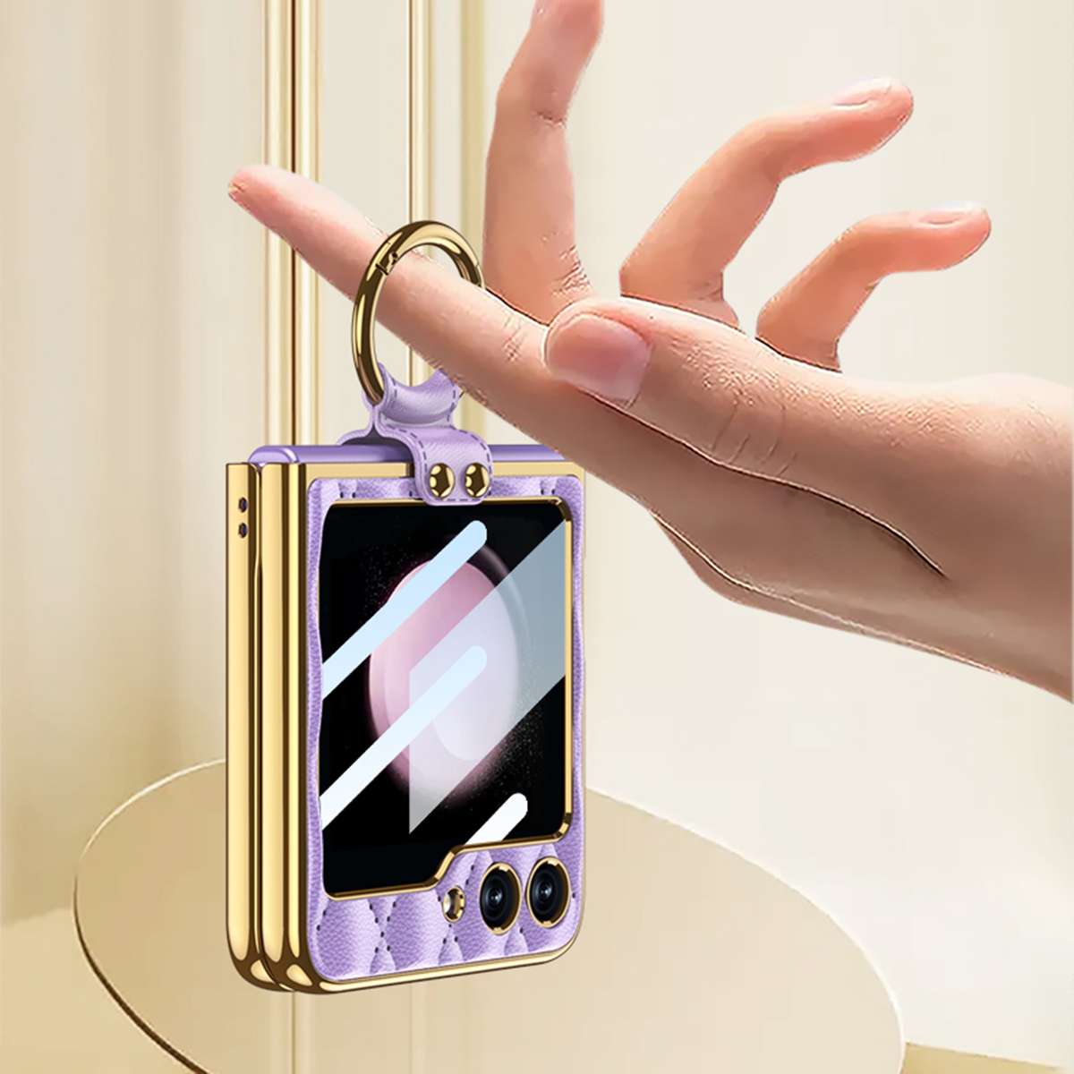 For Samsung Galaxy Z Flip5 GKK Integrated Plating Diamond Texture PU Phone Case with Ring(Pink)