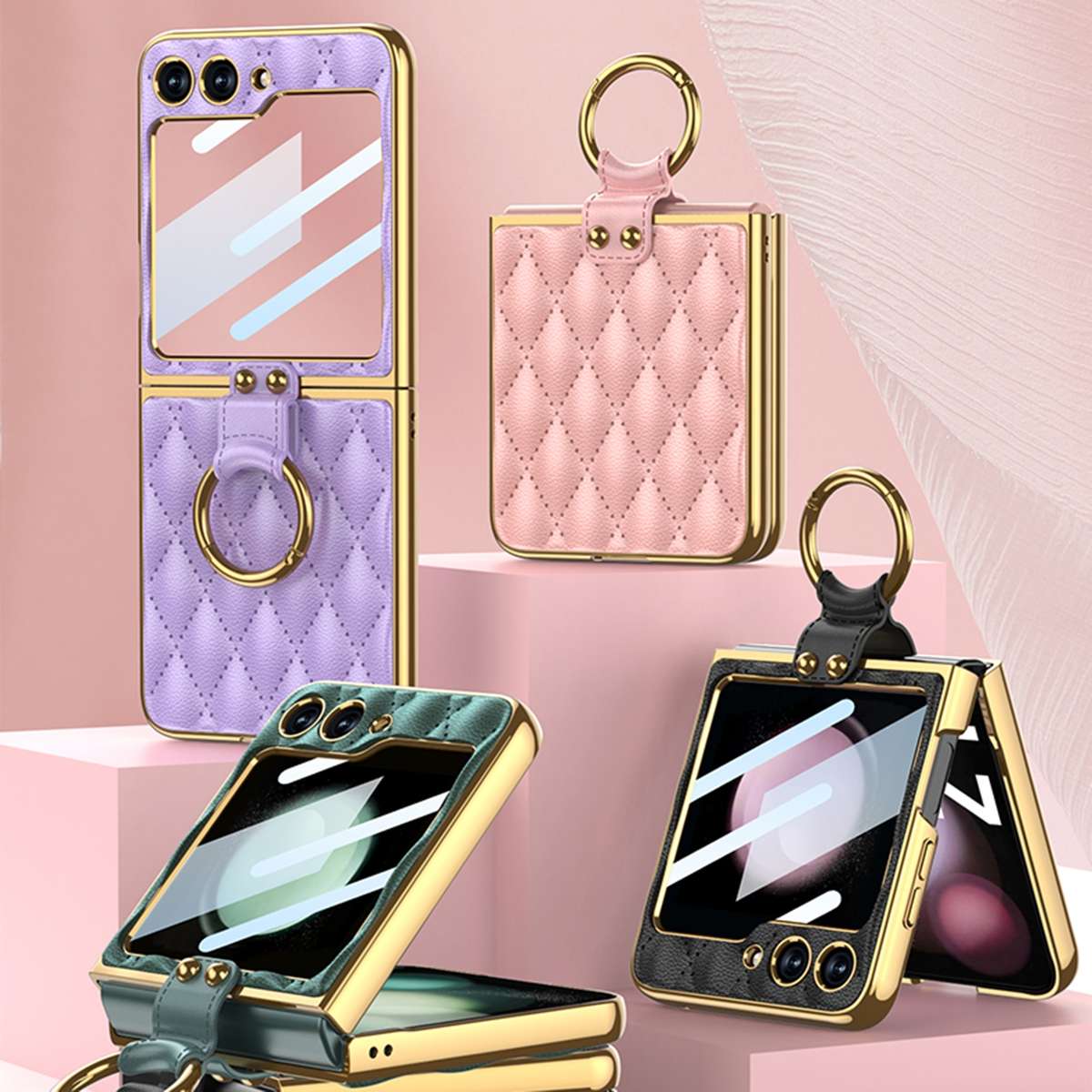 For Samsung Galaxy Z Flip5 GKK Integrated Plating Diamond Texture PU Phone Case with Ring(Green)