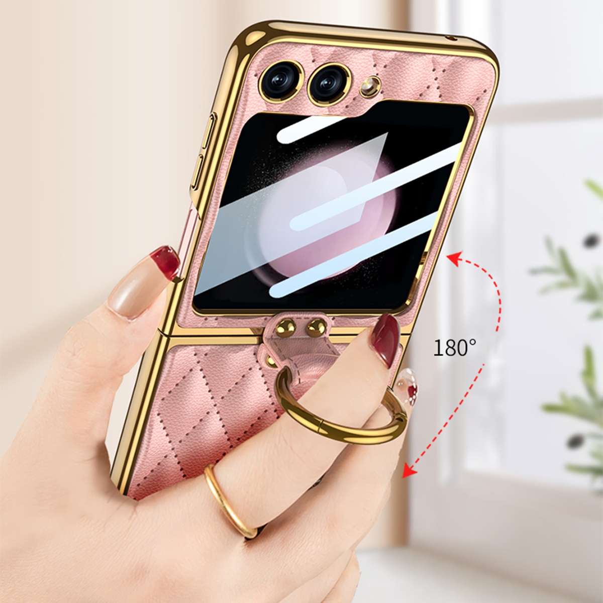 For Samsung Galaxy Z Flip5 GKK Integrated Plating Diamond Texture PU Phone Case with Ring(Green)