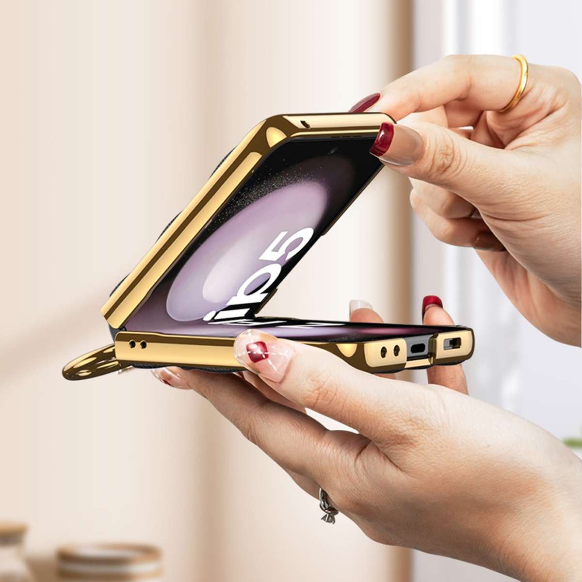 For Samsung Galaxy Z Flip5 GKK Integrated Plating Diamond Texture PU Phone Case with Ring(Green)
