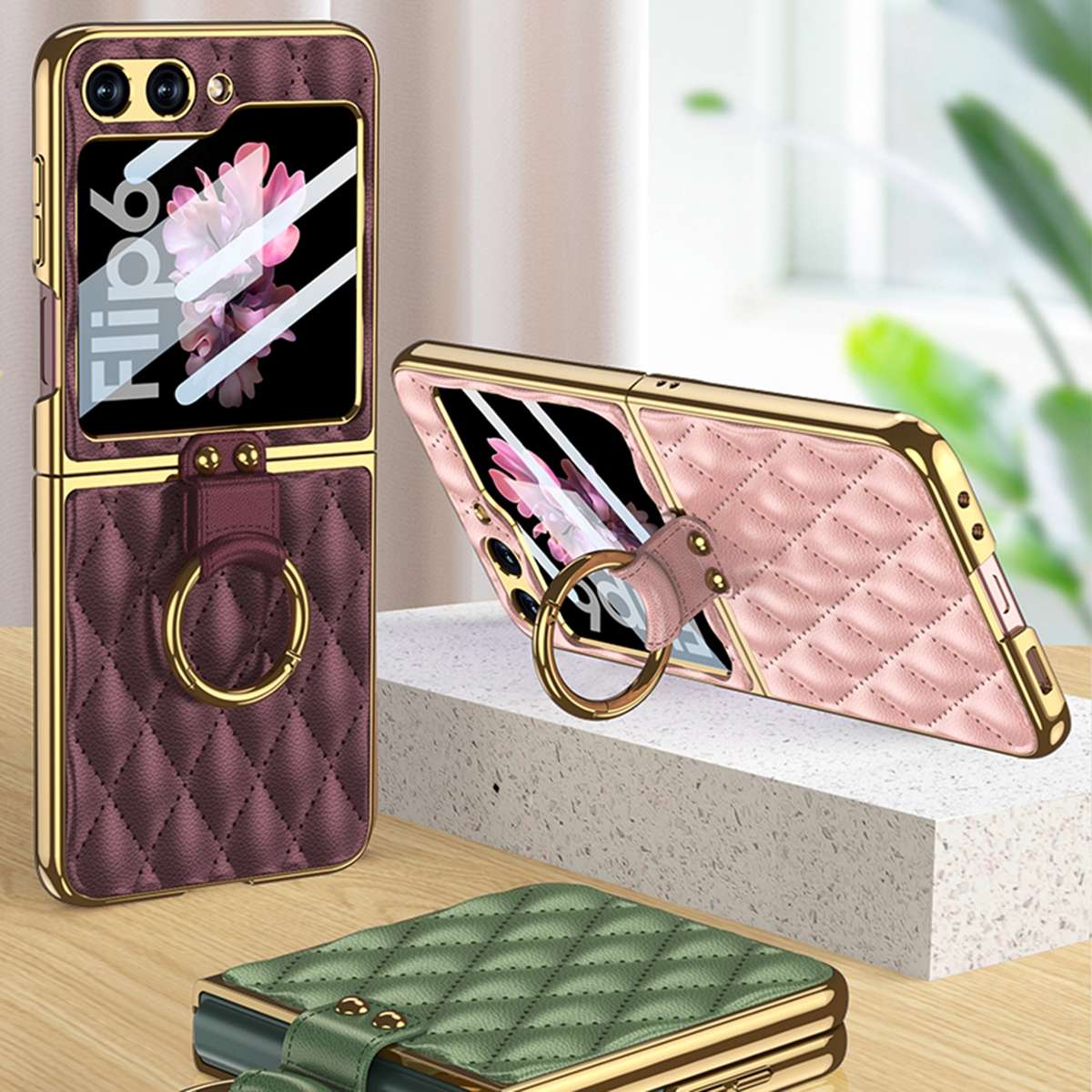 For Samsung Galaxy Z Flip6/7 FE GKK Integrated Plating Diamond Texture PU Phone Case w ... (Black)