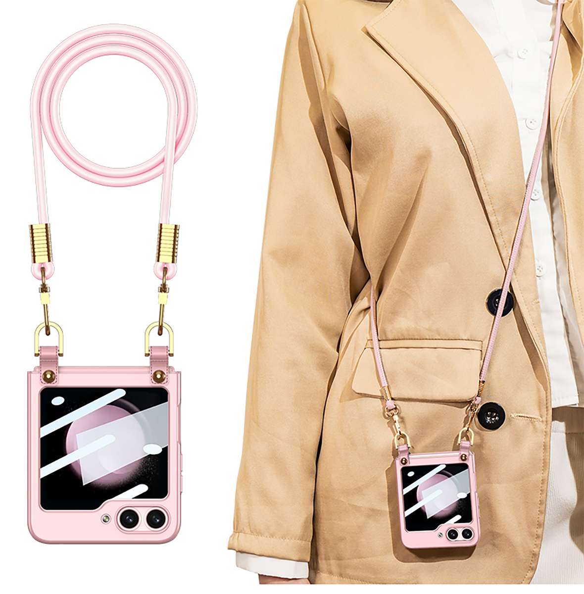 For Samsung Galaxy Z Flip5 GKK Cross-body Ultra-thin PC Phone Case with Strap(Pink)