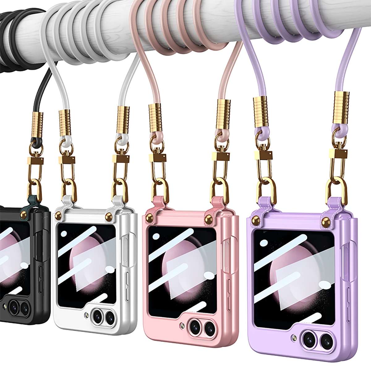 For Samsung Galaxy Z Flip5 GKK Cross-body Ultra-thin PC Phone Case with Strap(Pink)
