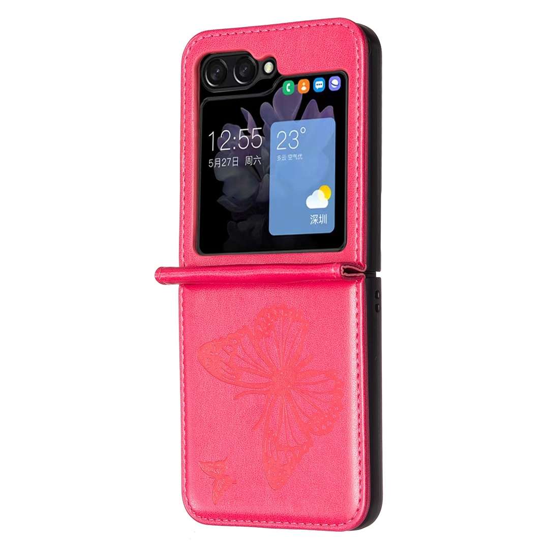 For Samsung Galaxy Z Flip5 Embossing Two Butterflies Leather Phone Case(Rose Red)