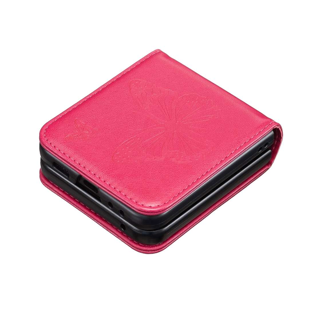 For Samsung Galaxy Z Flip5 Embossing Two Butterflies Leather Phone Case(Rose Red)