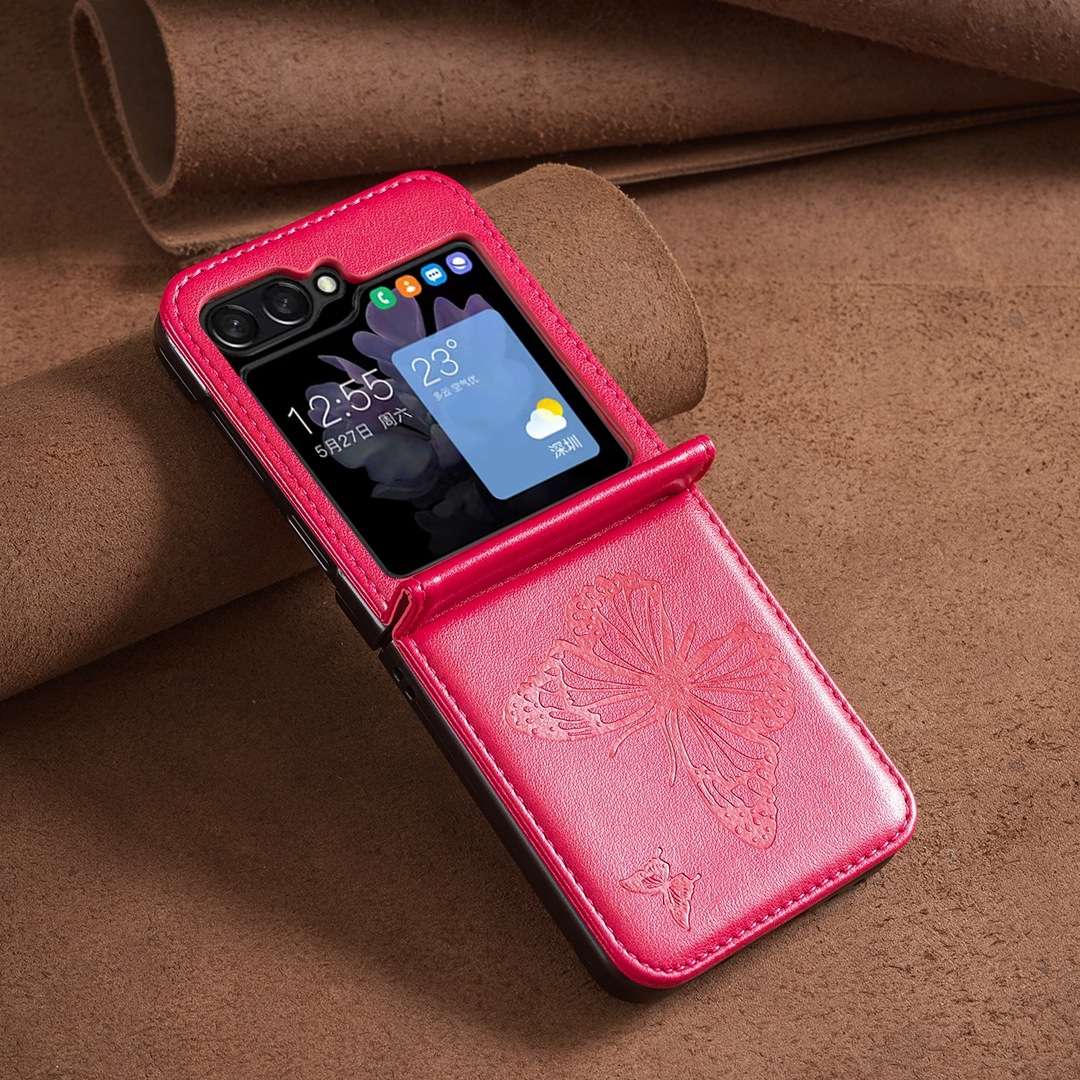 For Samsung Galaxy Z Flip5 Embossing Two Butterflies Leather Phone Case(Rose Red)