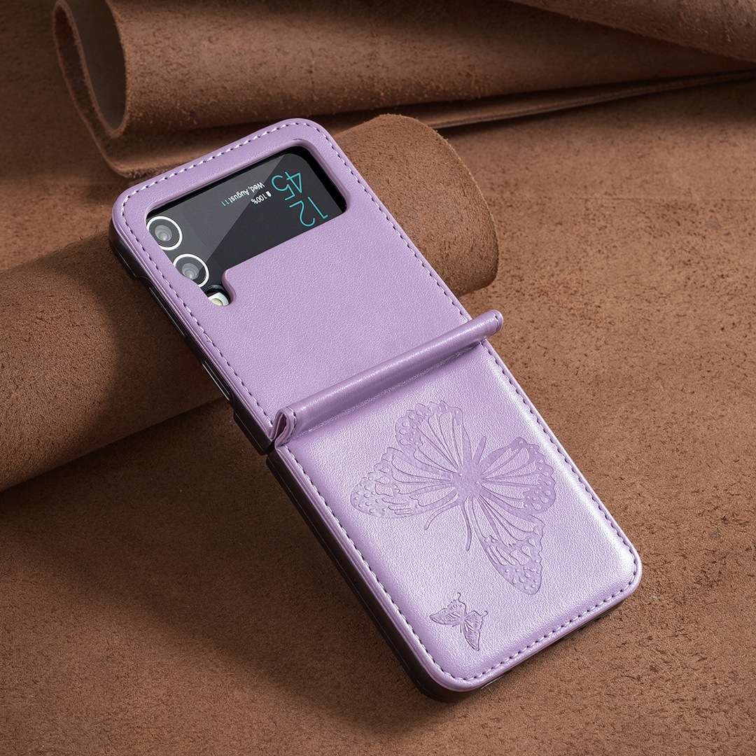 For Samsung Galaxy Z Flip4 Embossing Two Butterflies Leather Phone Case(Purple)