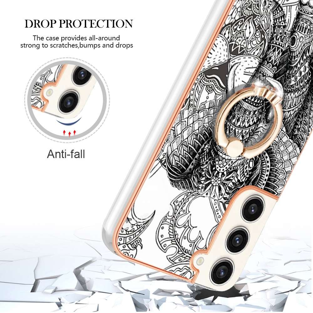 For Samsung Galaxy S22+ 5G Electroplating Dual-side IMD Phone Case with Ring ... (Totem Elephant)