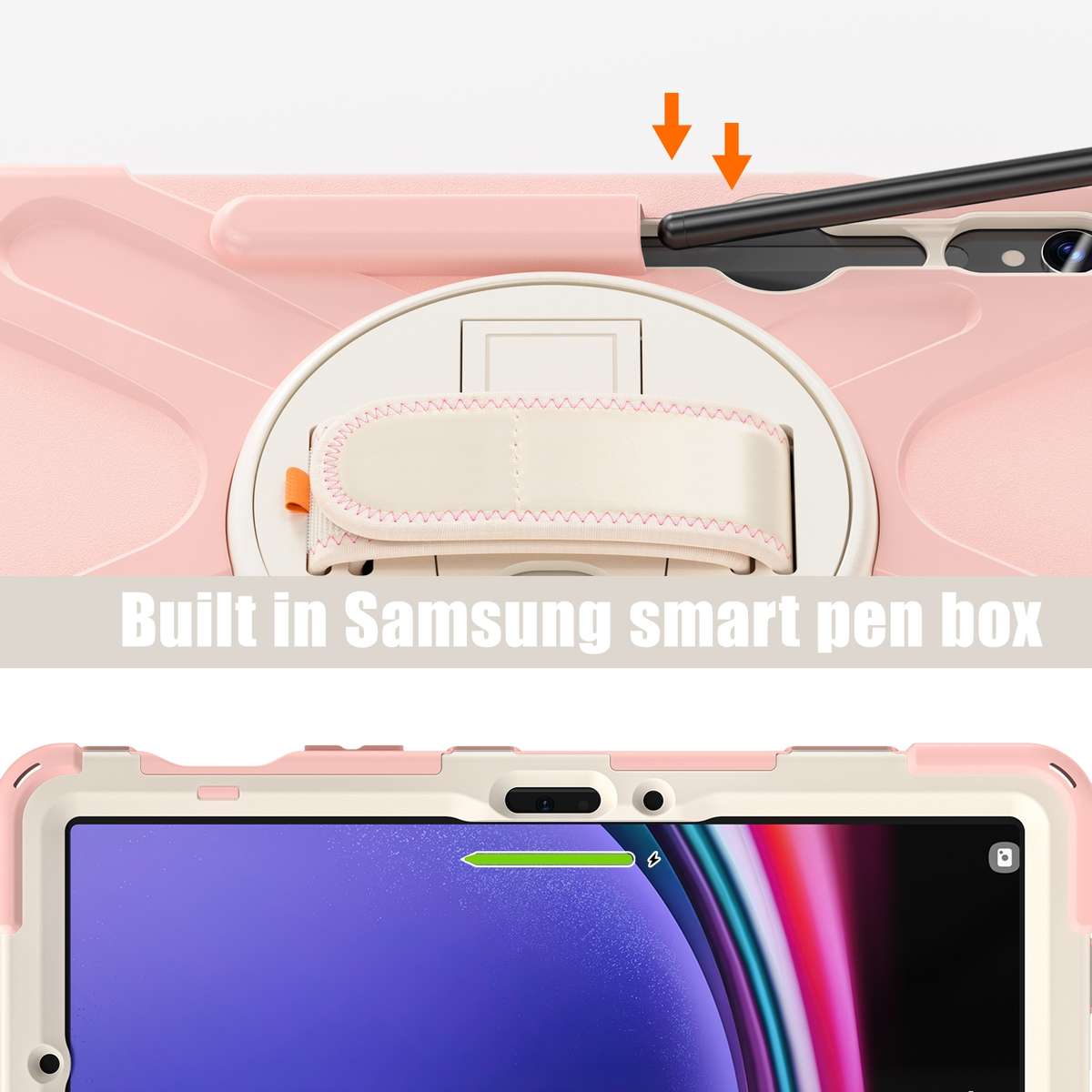 For Galaxy Tab S10 FE / S9 FE / S9 / S8 / S7 Rotatable Kickstand Grip Heavy Duty Hard R ... (Pink)