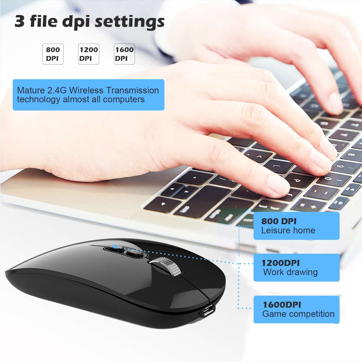 HXSJ M103 1600DPI UV 2.4GHz Wireless Rechargeable Mouse(Black)