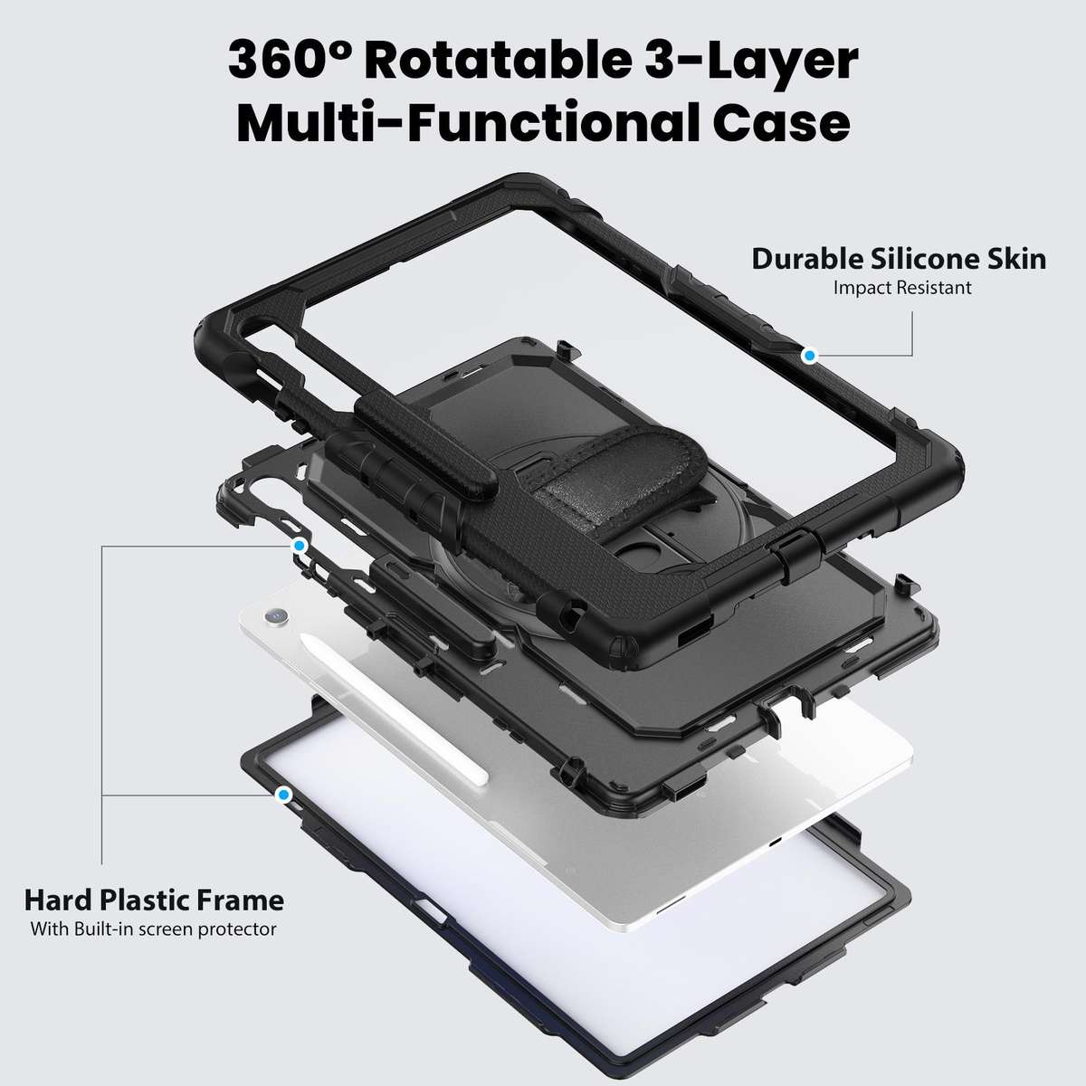 For Samsung Galaxy Tab S10 FE+ Lucky Wheel Grip Silicone Hybrid PC Tablet Case with Sh ... (Black)