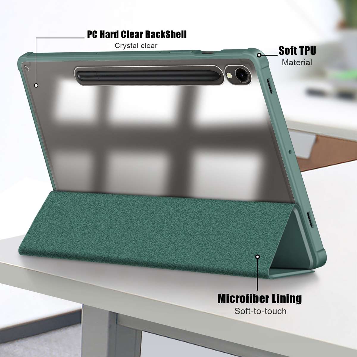 For Samsung Galaxy Tab S9 Acrylic 3-folding Smart Leather Tablet Case(Deep Green)