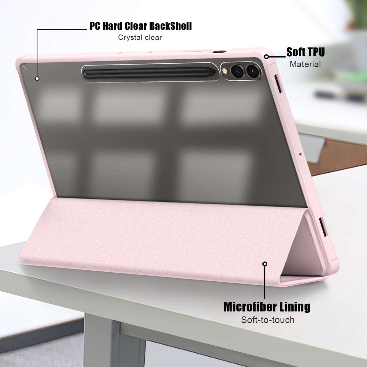 For Samsung Galaxy Tab S9+ Acrylic 3-folding Smart Leather Tablet Case(Pink)
