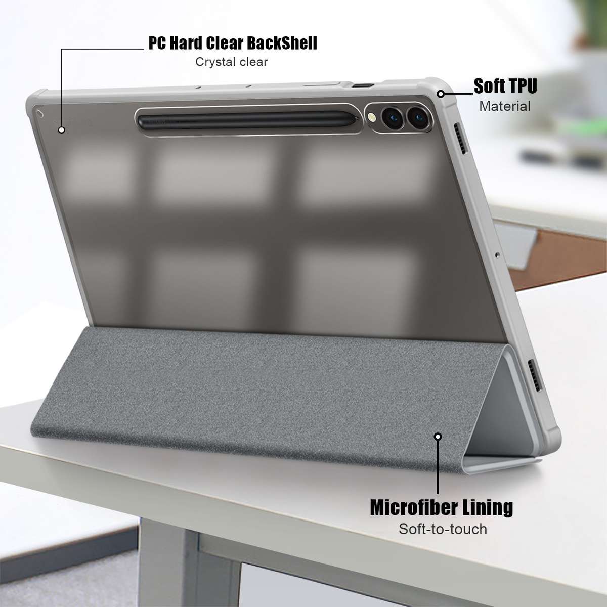 For Samsung Galaxy Tab S9+ Acrylic 3-folding Smart Leather Tablet Case(Grey)
