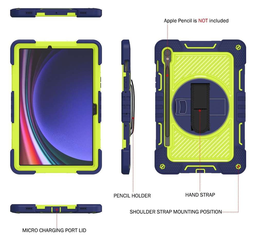 For Samsung Galaxy Tab S9 360 Degree Rotation PC Contrast Silicone ... (Navy Blue + Yellow Green)