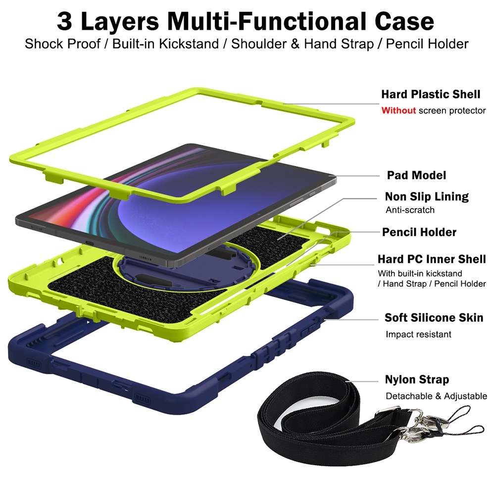 For Samsung Galaxy Tab S9 360 Degree Rotation PC Contrast Silicone ... (Navy Blue + Yellow Green)
