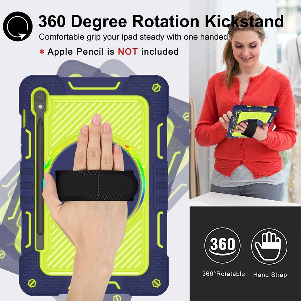 For Samsung Galaxy Tab S9 360 Degree Rotation PC Contrast Silicone ... (Navy Blue + Yellow Green)