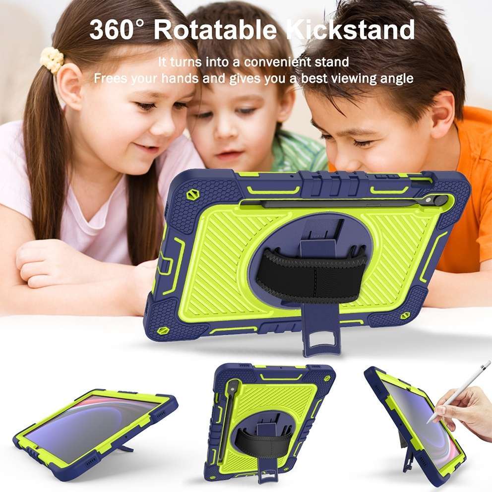 For Samsung Galaxy Tab S9 360 Degree Rotation PC Contrast Silicone ... (Navy Blue + Yellow Green)