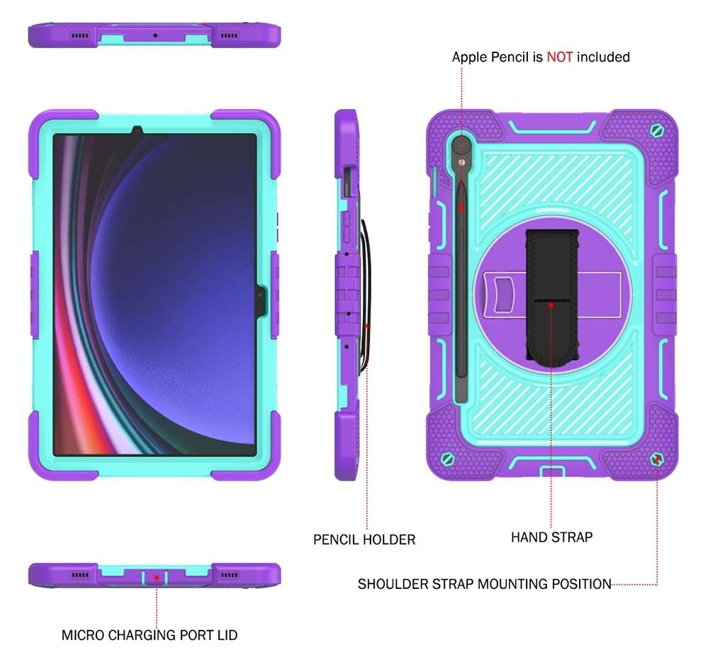 For Samsung Galaxy Tab S9 360 Degree Rotation PC Contrast Silicone Table ... (Purple + Mint Green)