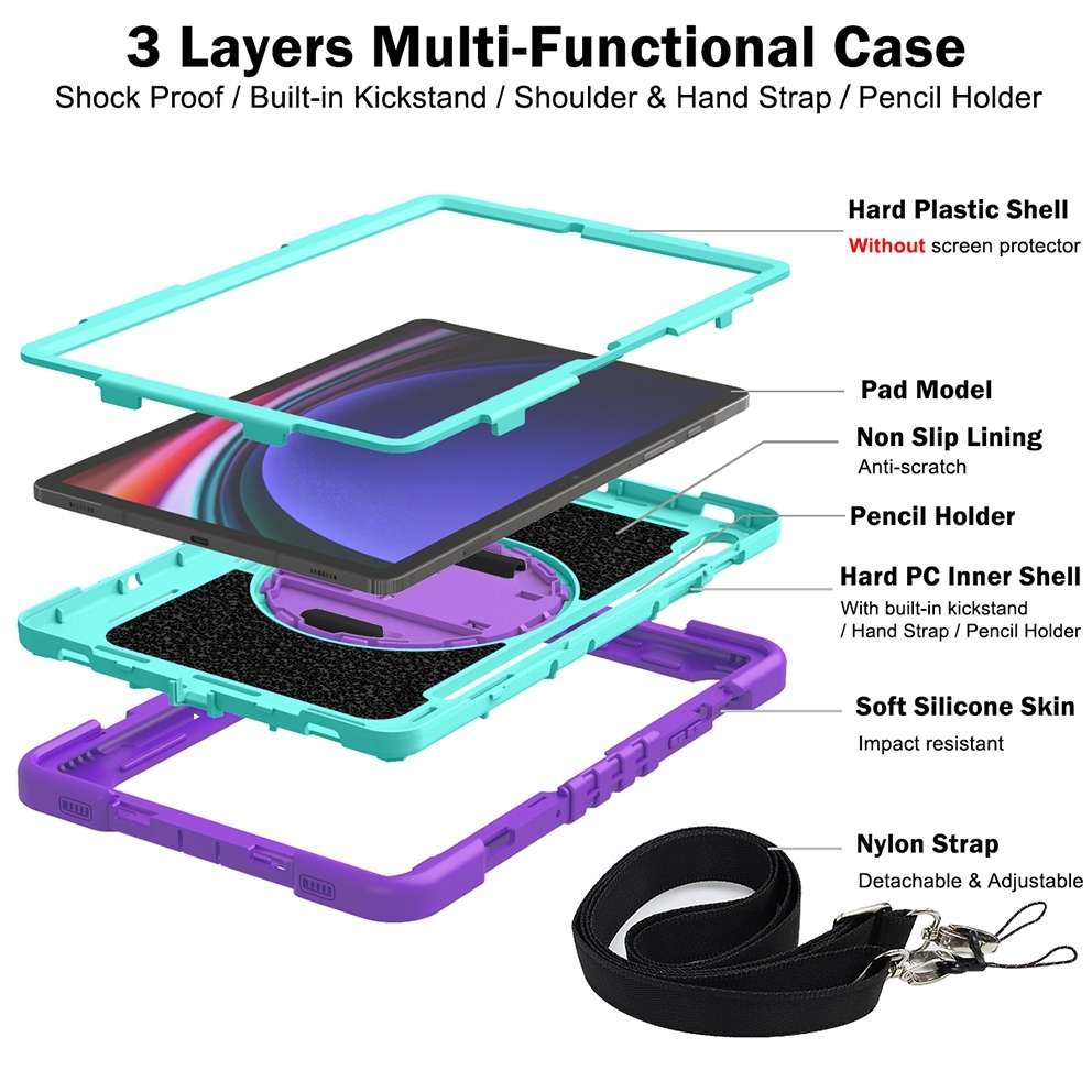 For Samsung Galaxy Tab S9 360 Degree Rotation PC Contrast Silicone Table ... (Purple + Mint Green)