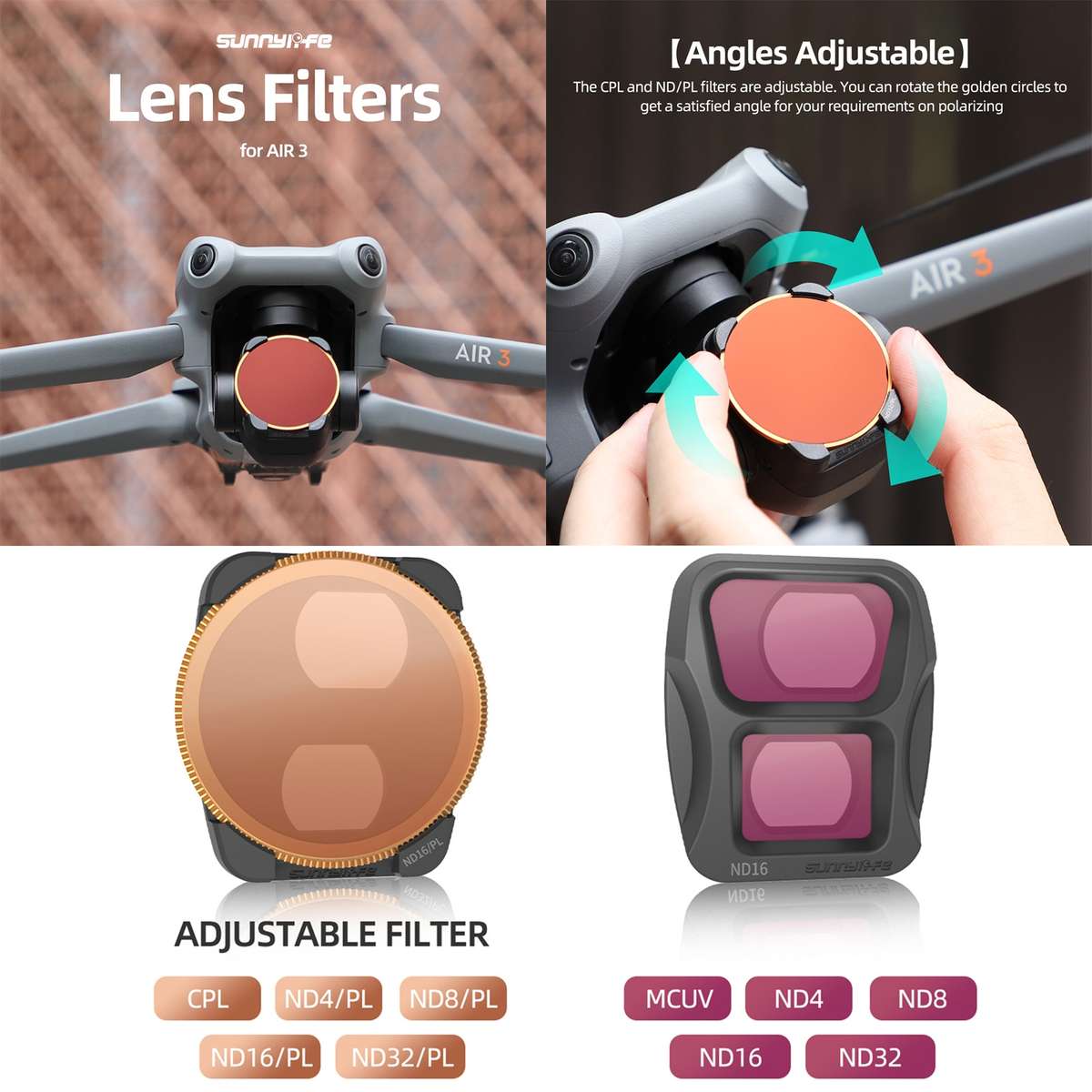 For DJI Air 3 Sunnylife Camera Lens Filter, Filter:4 in 1 ND4/PL ND8/PL ND16/PL ND32/PL