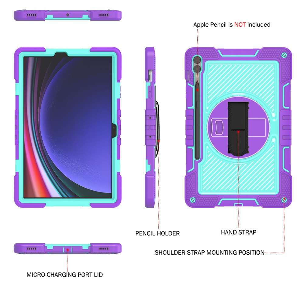 For Samsung Galaxy Tab S9+ 360 Degree Rotation PC Contrast Silicone Tabl ... (Purple + Mint Green)