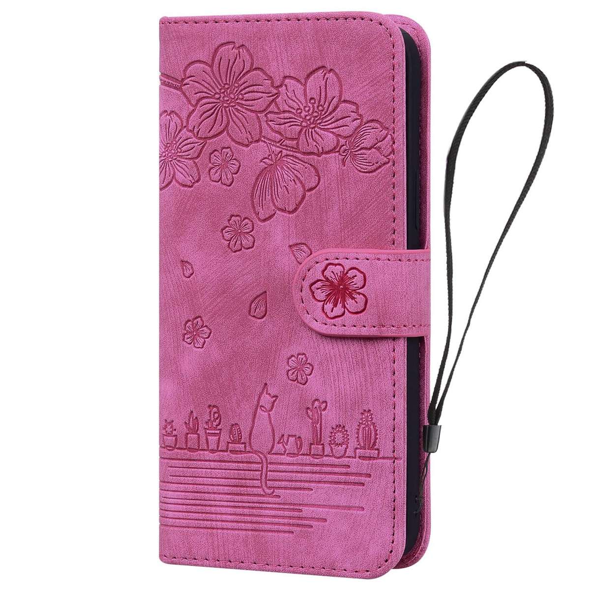 For Samsung Galaxy A57 5G Cartoon Sakura Cat Embossed Leather Phone Case(Rose Red)