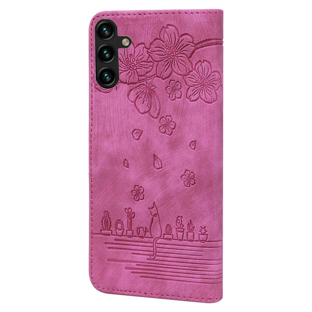 For Samsung Galaxy A57 5G Cartoon Sakura Cat Embossed Leather Phone Case(Rose Red)