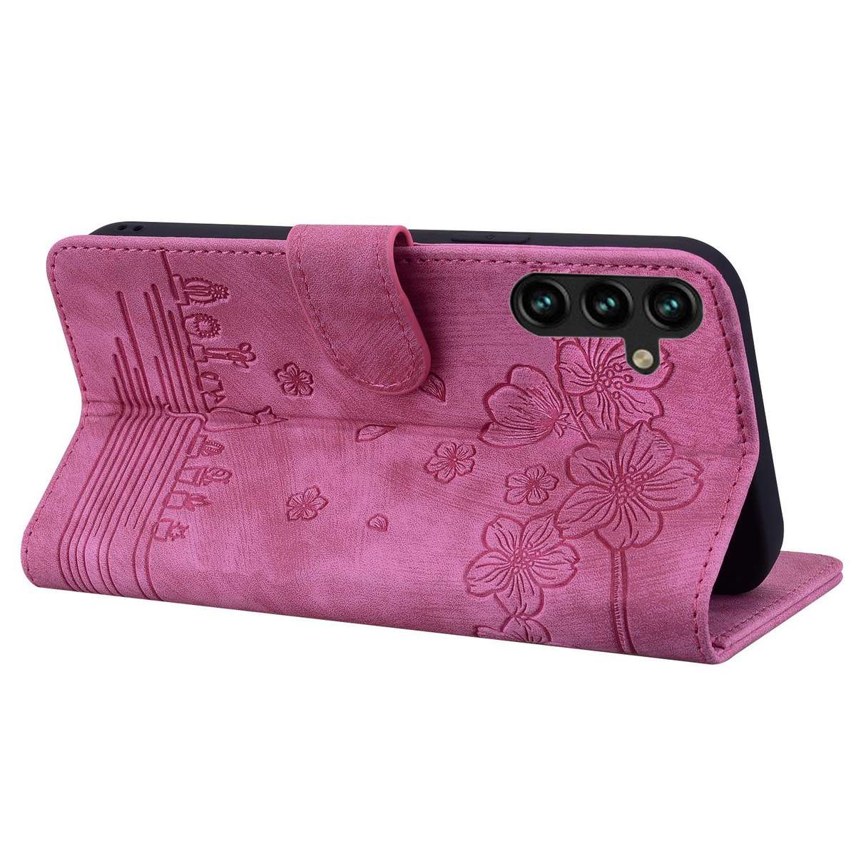 For Samsung Galaxy A57 5G Cartoon Sakura Cat Embossed Leather Phone Case(Rose Red)